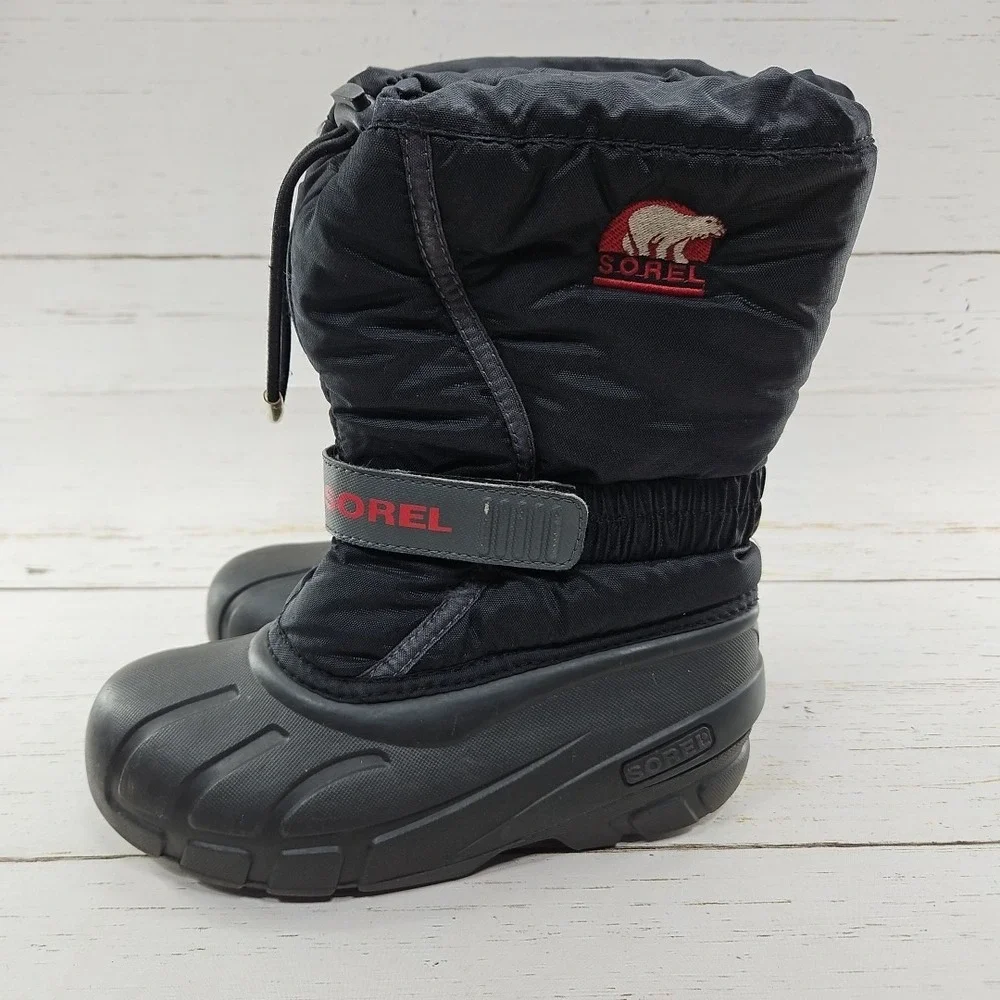 Sorel Flurry Youth 1 Black Winter Snow Boots Insulated Wool‎ Lined NY1798-012